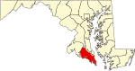 Map of Maryland highlighting Saint Mary's County